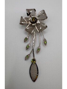 Vintage Silver Tone Mesh Flower Brooch Pendant Green Rhinestone Dangle Pin